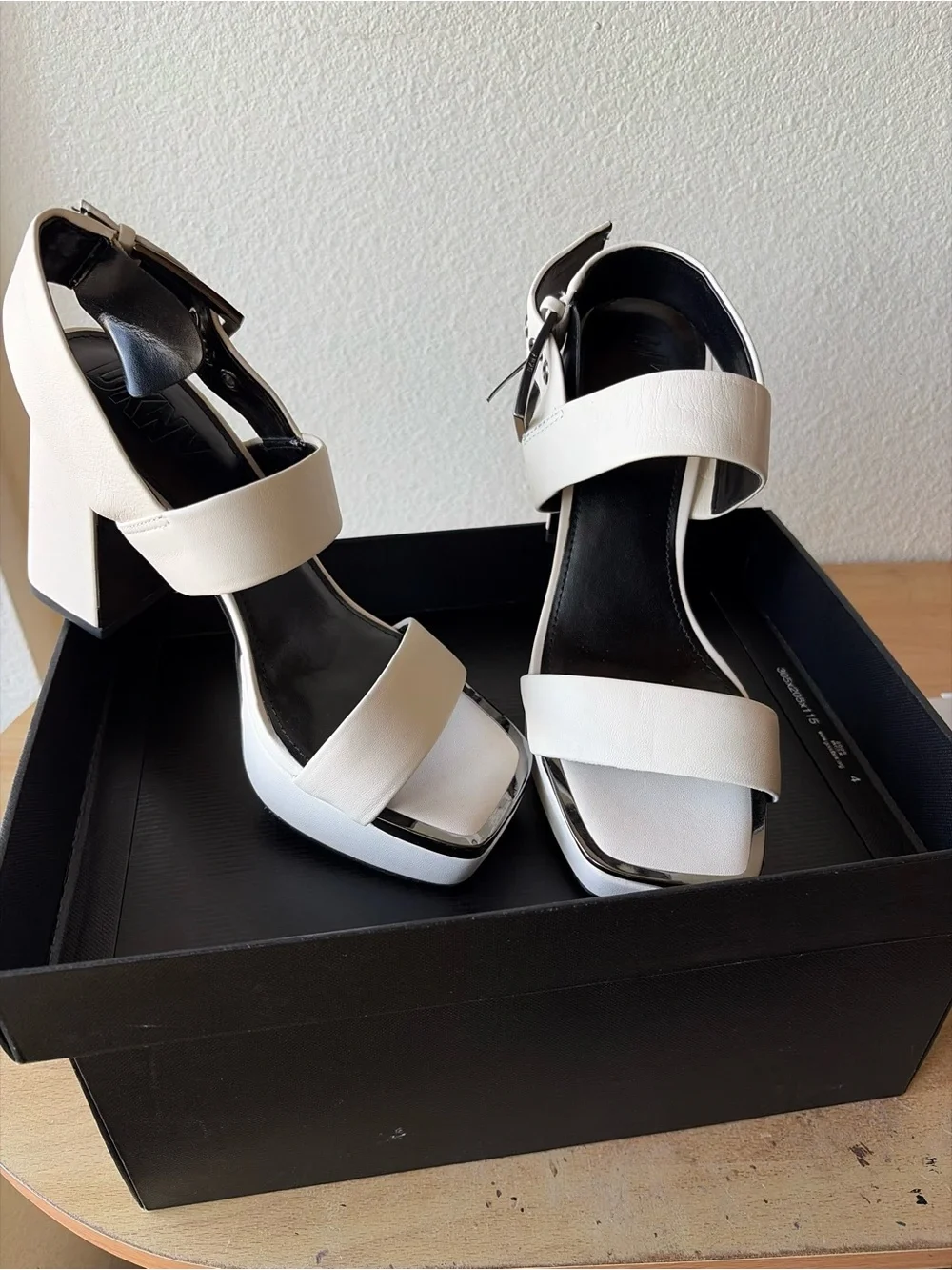 DKNY Cream Block Heel Sandals with Ankle Strap